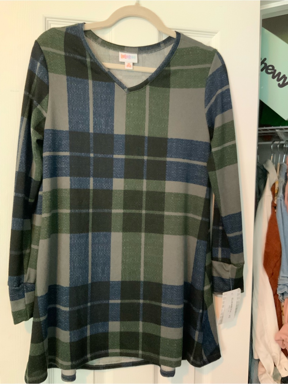 LuLaRoe Green and Navy Plaid V-Neck Top